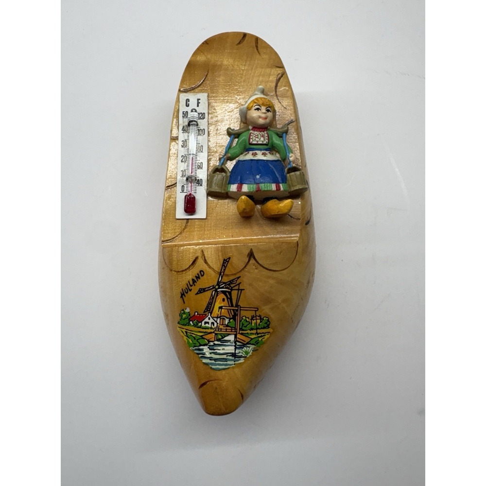 Vintage Dutch Wall Glass Celsius/Fahrenheit Thermometer Hand‎ Painted Clog